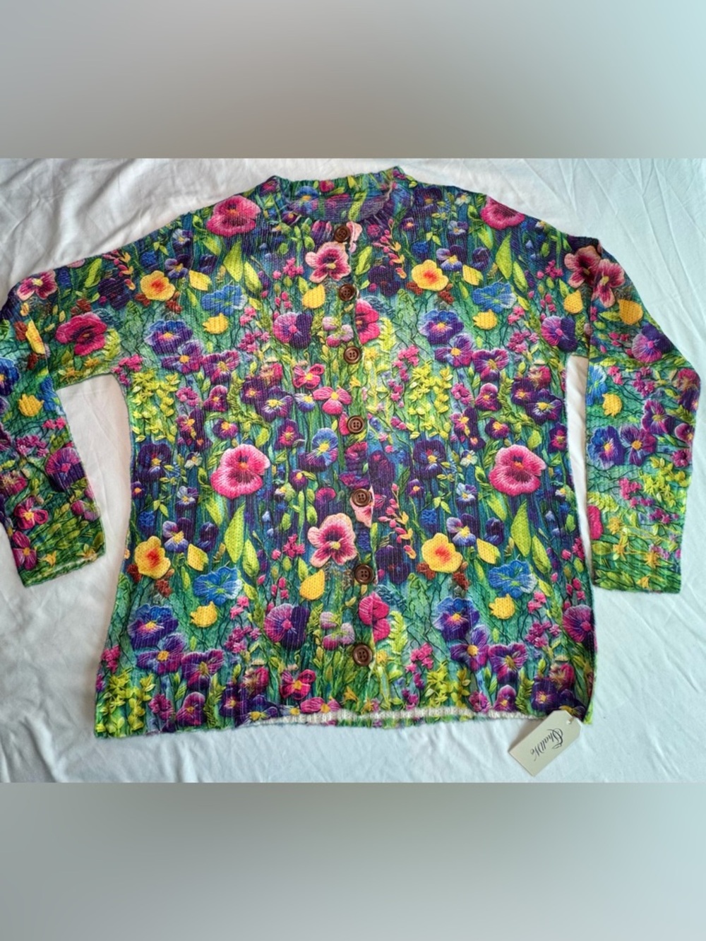 Purple Floral Pattern Knit Cardigan with Colorful Floral Trim NWT